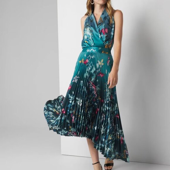 WHBM $190 Sleeveless Shawl Neck Pleated Midi Dress GORGEOUS COLOR! 10 12 - Picture 2 of 9